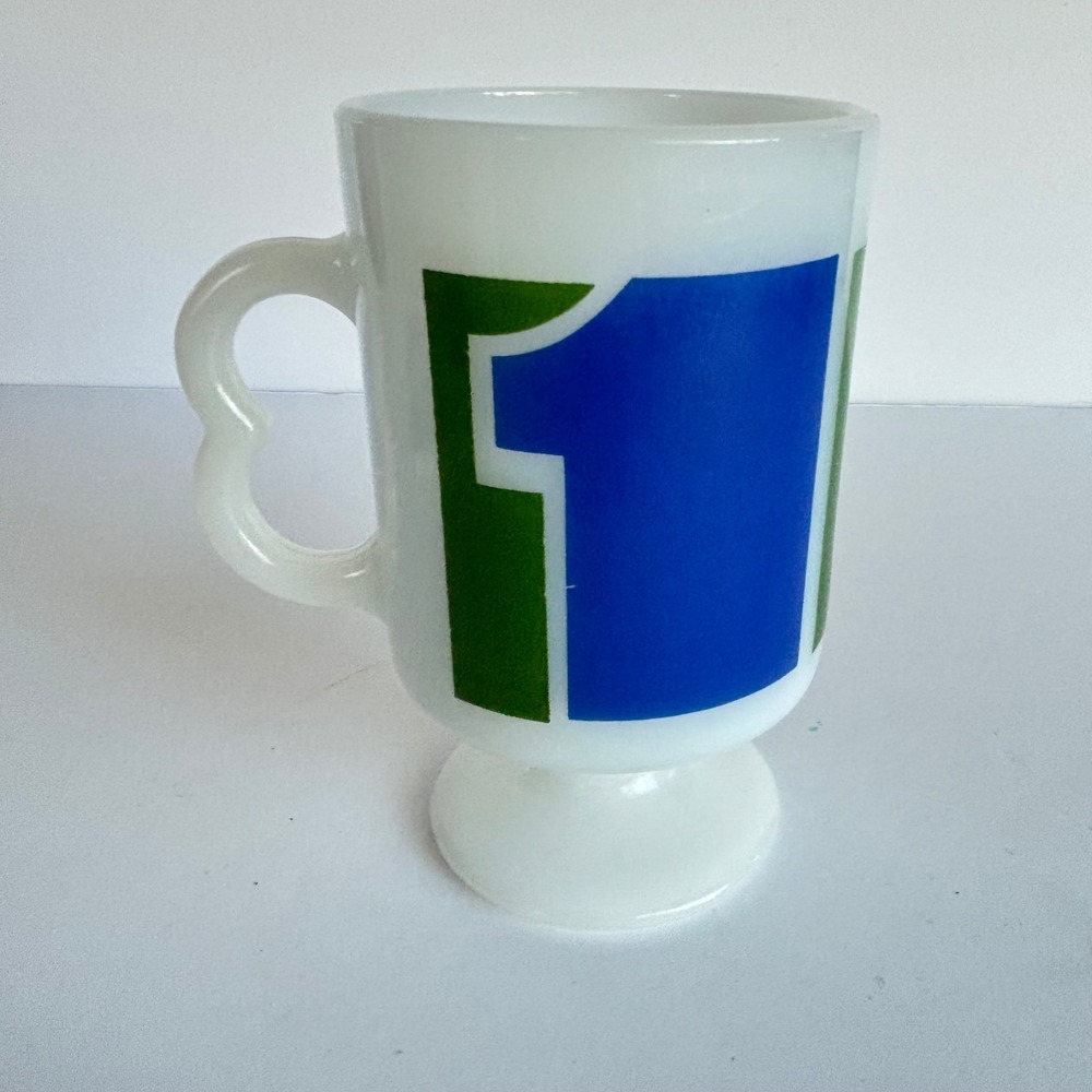 Vintage Milk Glass Footed Mug with Blue and Green Number 1 Graphic‎ #1